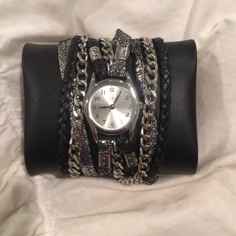 Black and silver wrap watch